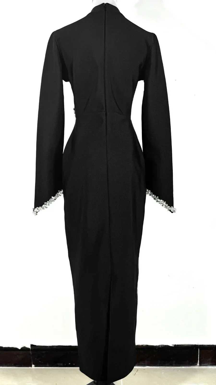 2025 New Black Slim and Slim Beaded Long Sleeve Bandage Dress Long Dress Maxi Dresses for Women Z250728