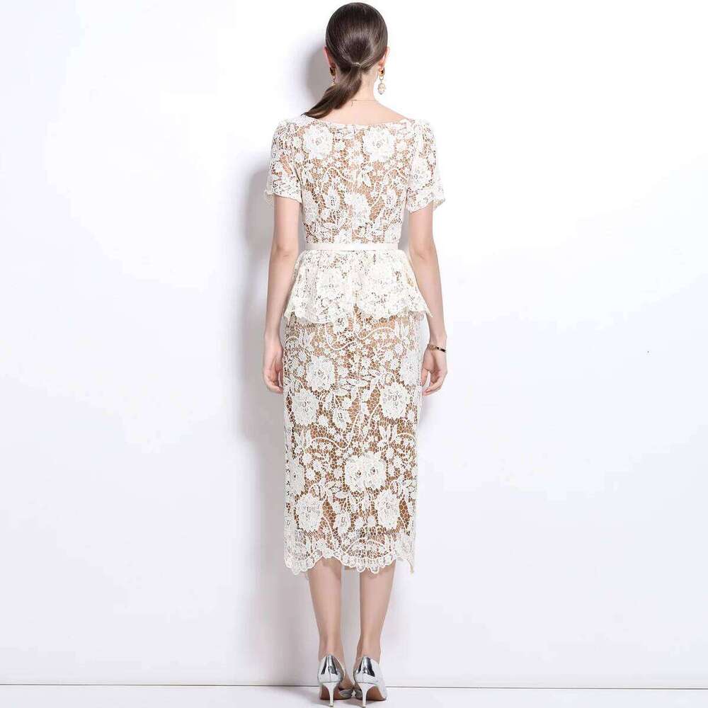 Designer Clothing 2025 Quality Summer Beaded Dias Embroidery Beige White Lace Evening Dress Women Short Sleeve Ruffle Peplum Midi Prom Dresses Long