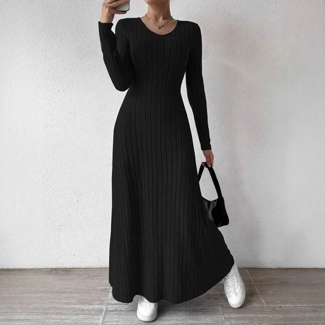 Fashionable Knitted Long Sleeve ALine Streetwear Dress For Women Smooths And Slims Your Silhouette Solid Color Dress 250728