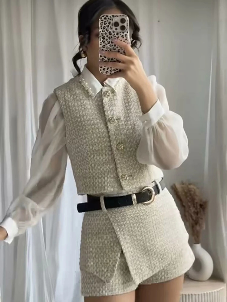 Fashion Women Elegant Tweed Belt Shorts Suits High Waist Vest Two Piece Set for Female Vintage Outfits 250728