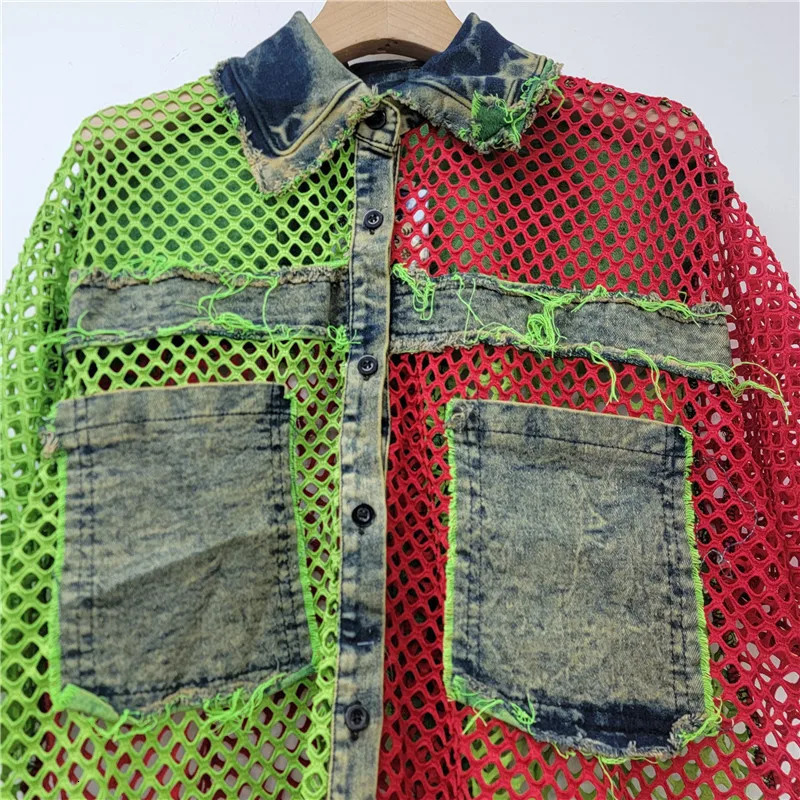 YEAE personalized fashion trend 2025 spring and summer contrasting colors mesh spell denim short-sleeved cardigan jacket women 250728