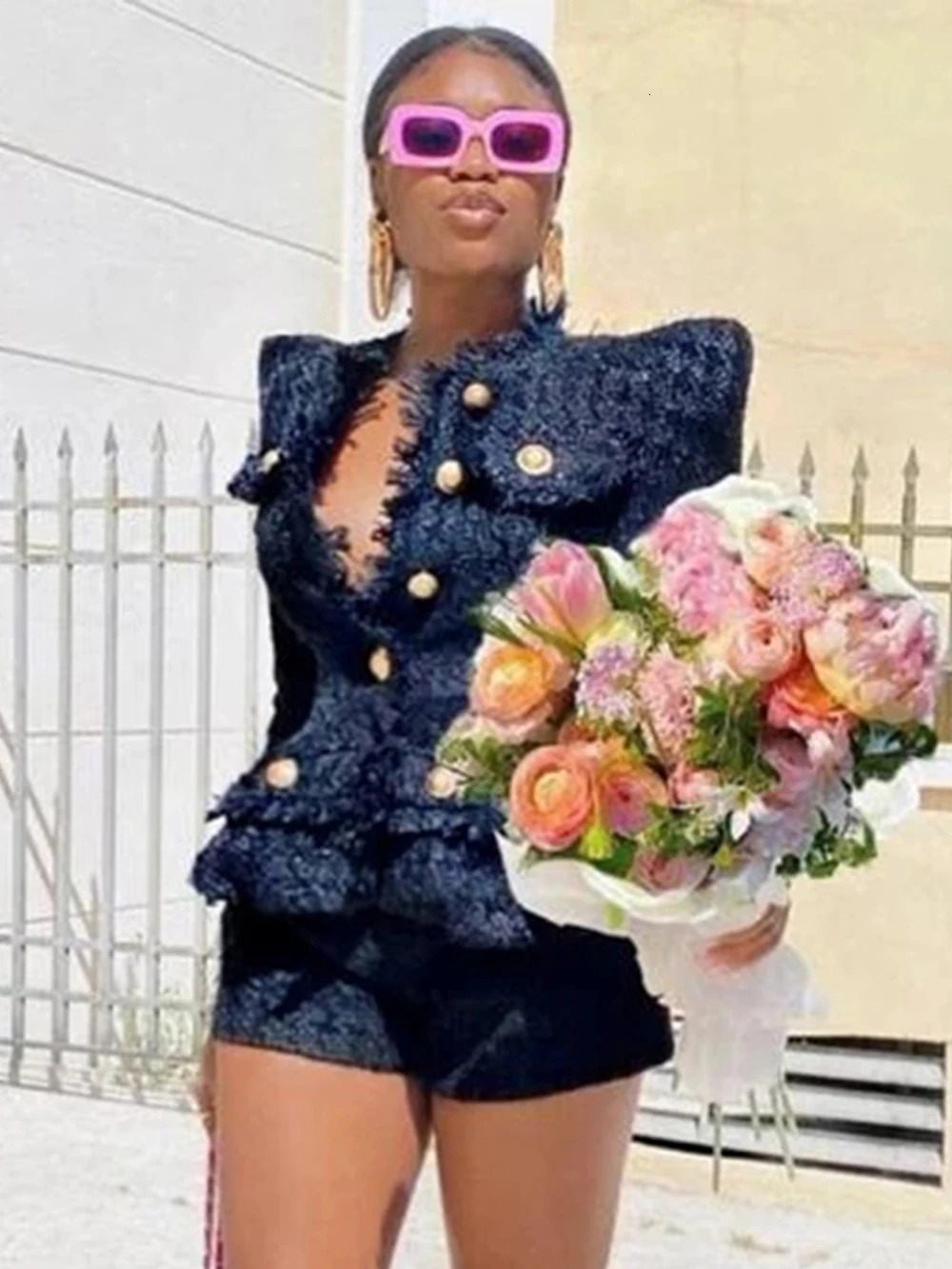 Elegant White Tweed Women Set Singlebreasted Slim Tassels Jacket High Waist Shorts Suit Celebrity Party Sets Fall 250728