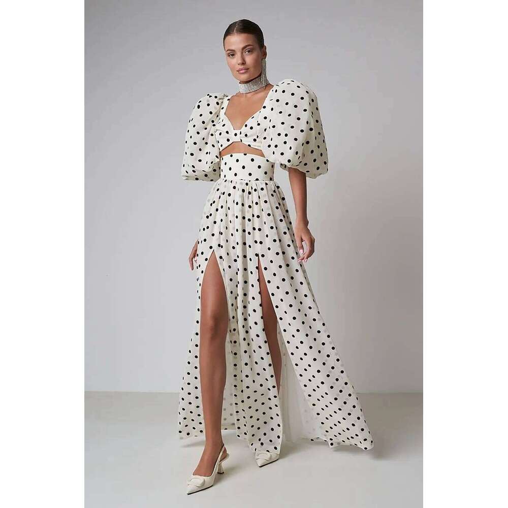 Quatlity 2 Piece Women Dress Set V-neck Puff Sleeve Short Tops And Split High Waist Long Skirt