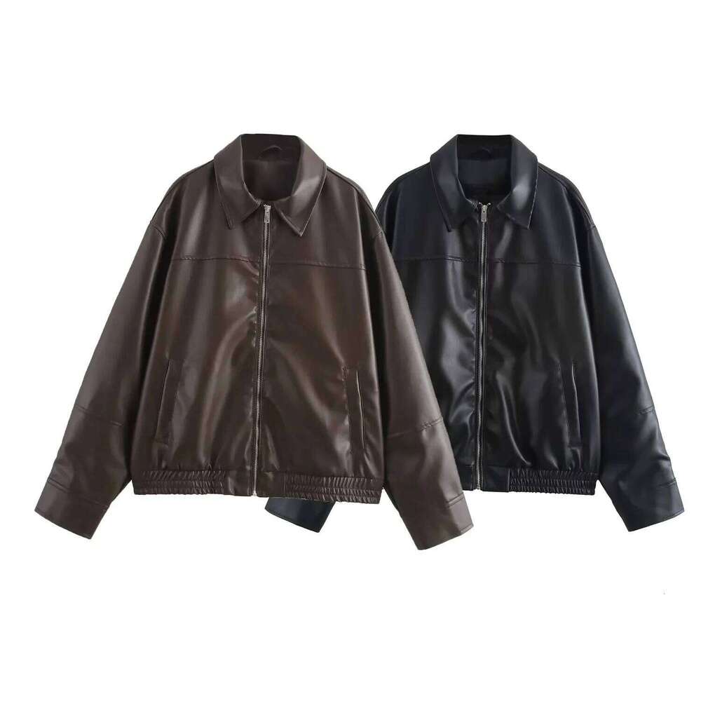 TRAFZA 2025 Autumn Winter Streetwear Faux Leather Women Jackets Fashion Vintage Spliced Zipper Turn Down Collar Chic Lady Jacket