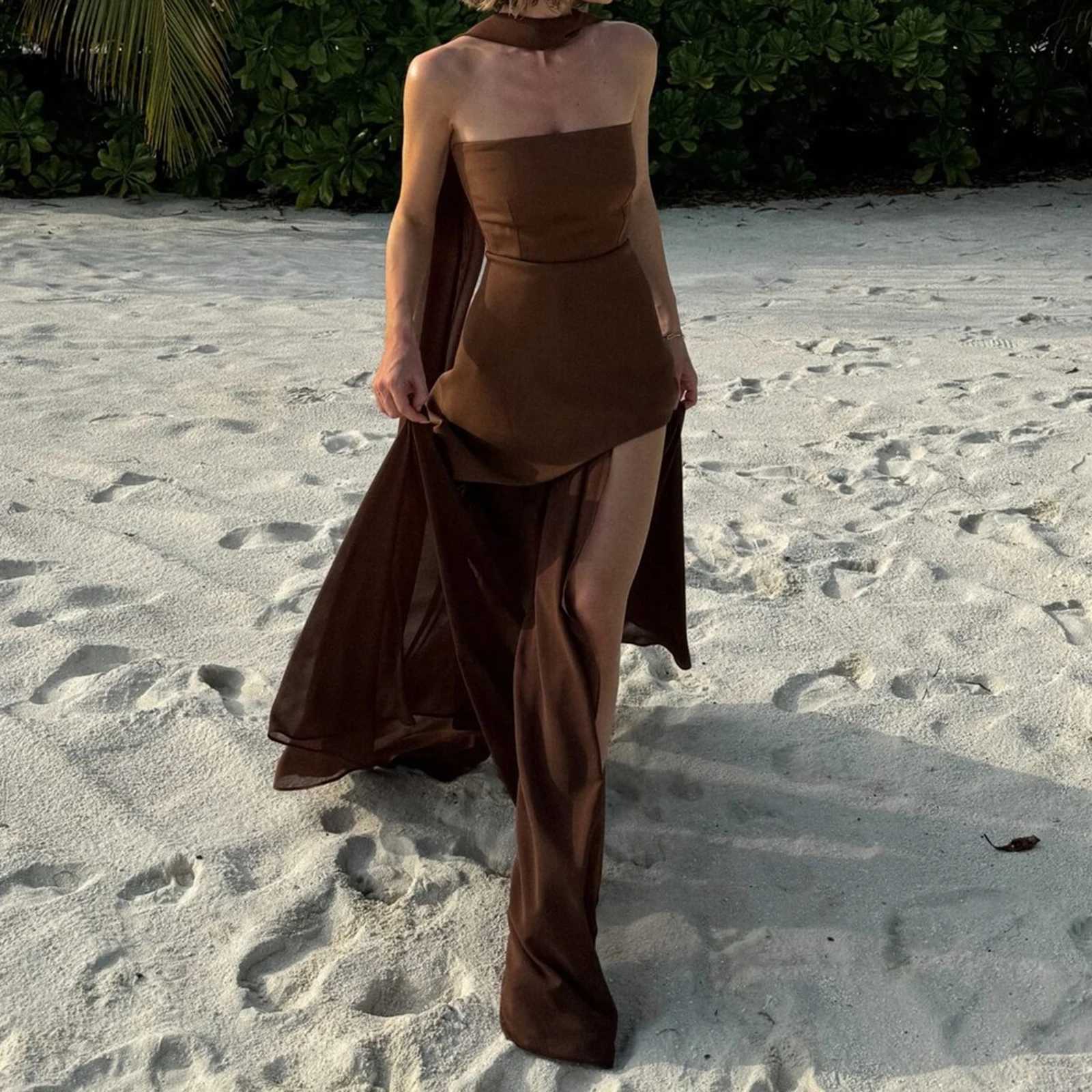 Combhasaki Women Summer Elegant Strapless Sheer Ruffle Hem Patchwork Backless High Split A-line Party Tube Long Dress with Scarf Z250728