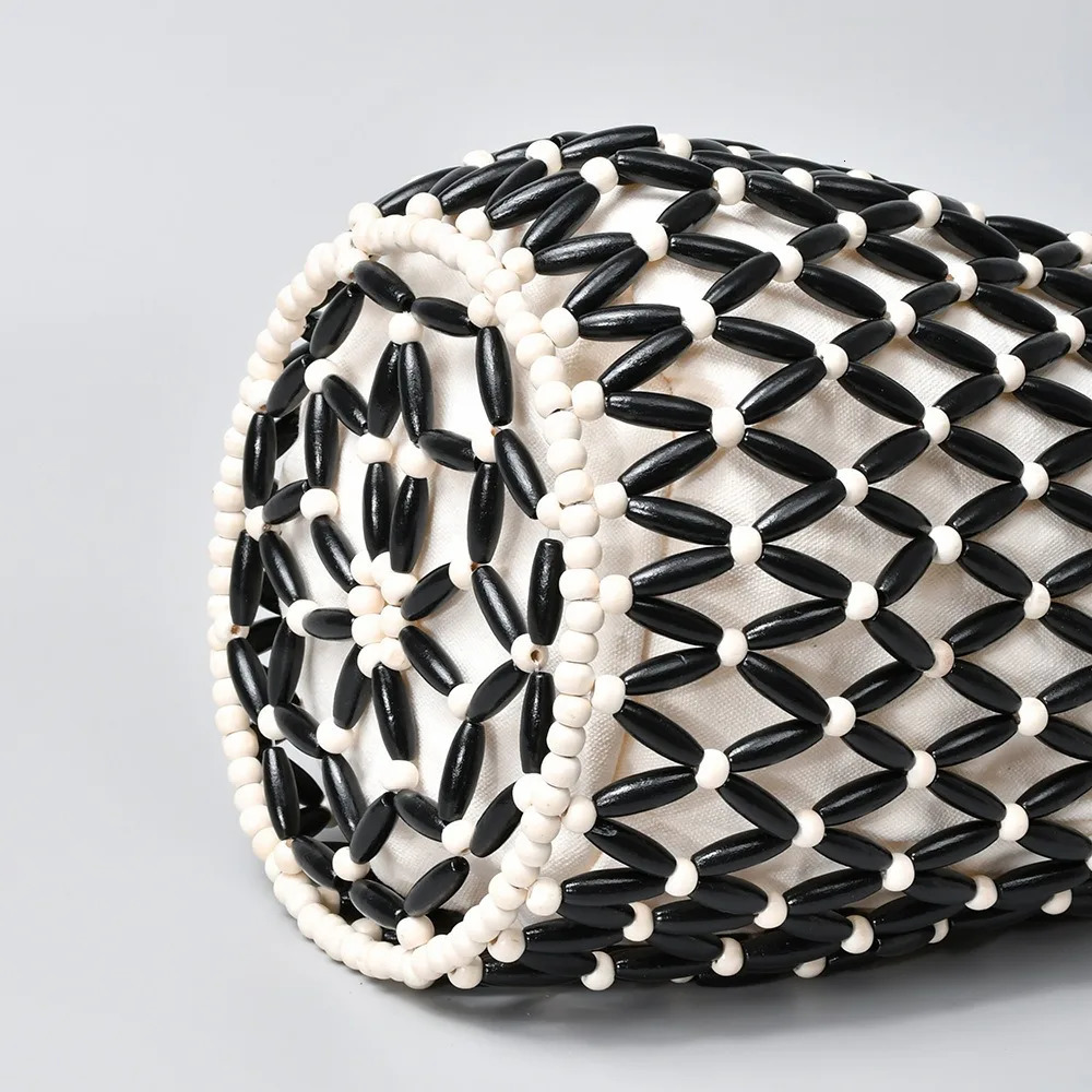 Women Woven Hand Bag Exquisite n Hollowout Wooden Bead Tote Bucket Shoulder Female Summer Beach Handbag 250725