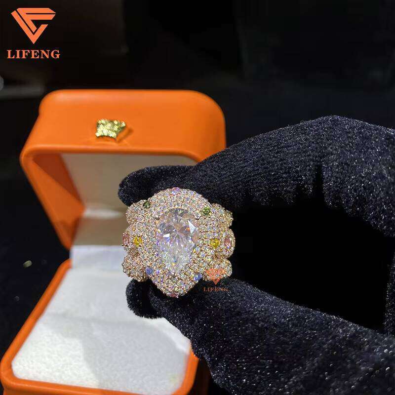 Men's Hip Hop Iced Out Moissanite Ring Sier 10K 14K White Yellow Gold Classic Style Cut Dia Inlay Parties