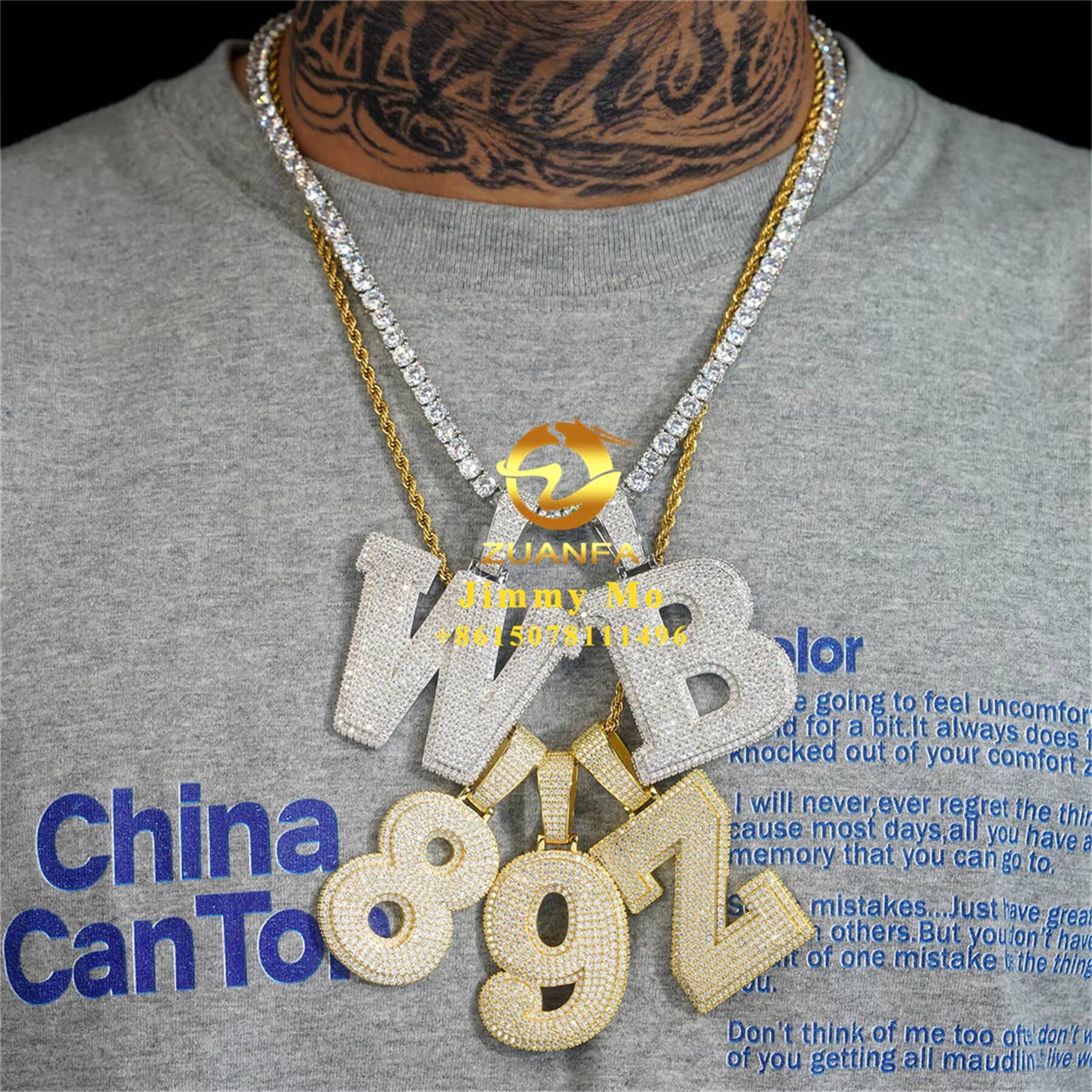 Custom Luxury Jewelry 925 Sterling Silver Iced Out VVS1 Moissanite Diamond Initial Letter Pendant Chain Pendant