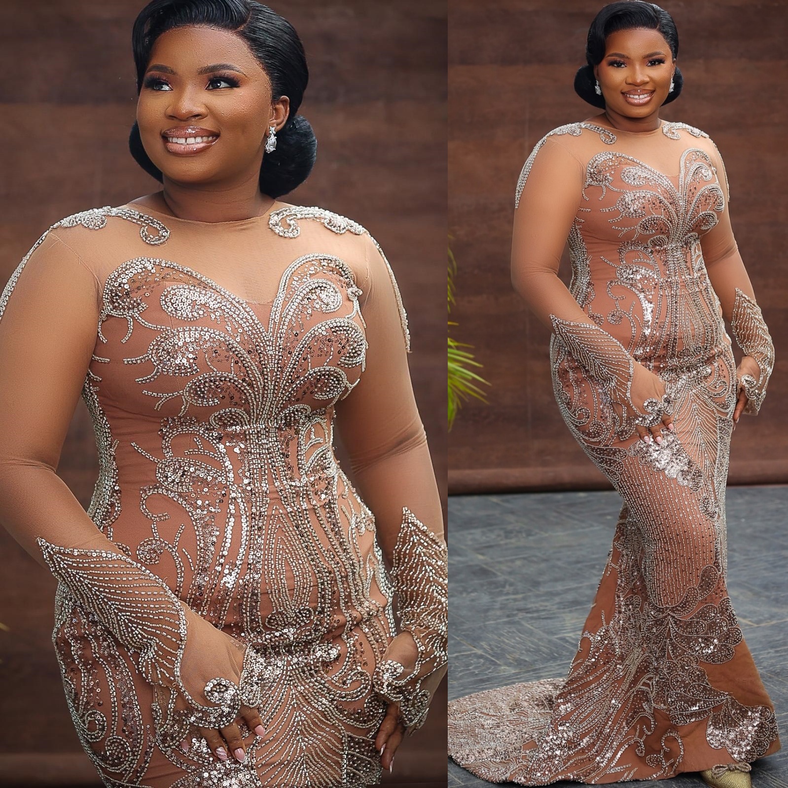 Mermaid Ivory Prom Dresses 2025 Illusion Sequined Full Sleeves Evening Formal Party Second Birthday Engagement Gowns Plus Size Dress For Special Occas