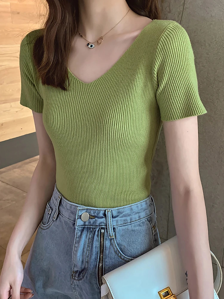 Korean Womens Knitted Pullover Short Sleeve Sweater Spring Summer Slim Basic Solid Casual Base Female Knitting Shirts 250728