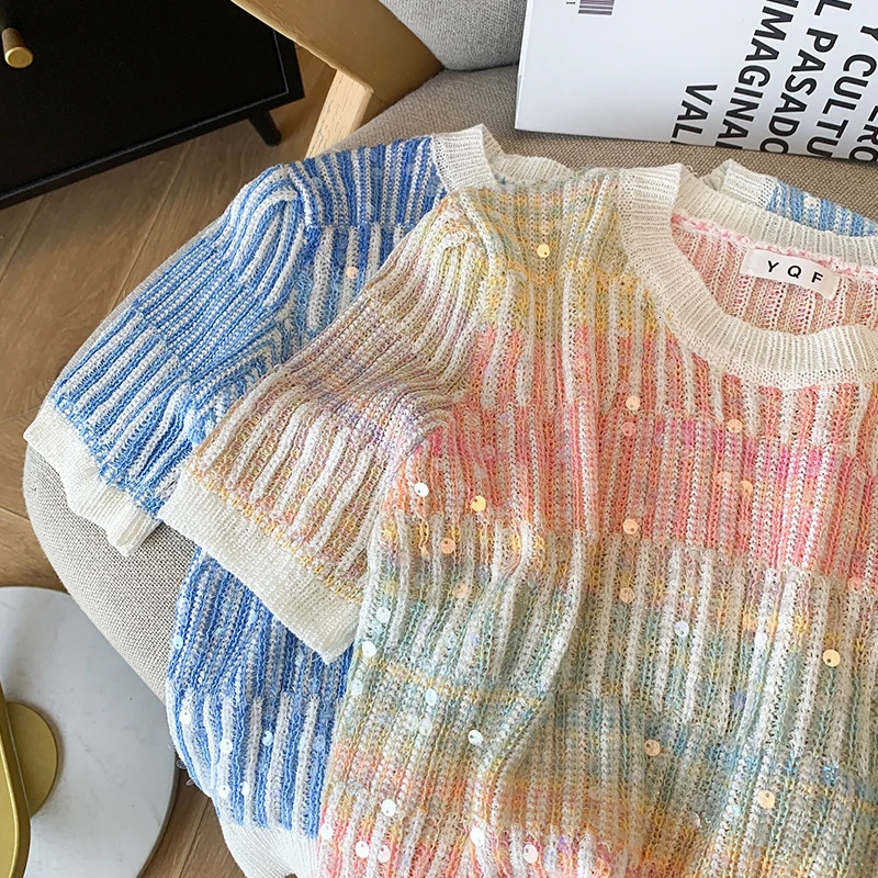 Summer Womens Sweater Sequins Striped Slim Knit Pullovers Tshirts Crop Tops Stylish Chic Fashion Short Sleeve Oneck Jumpers 250728