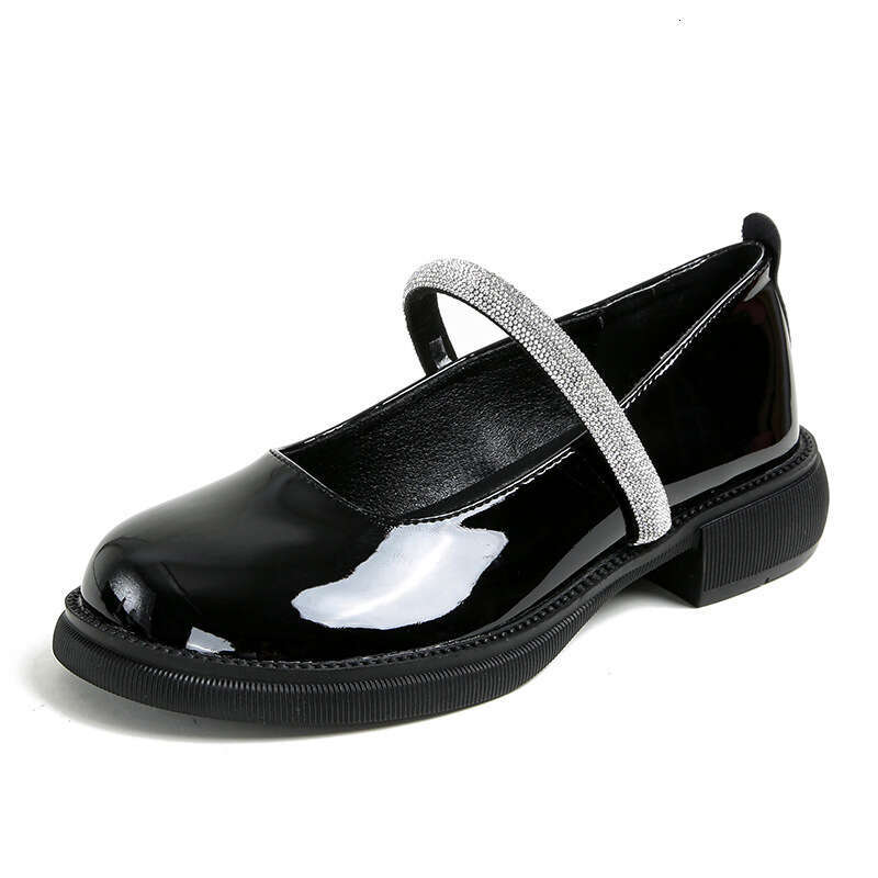 2025 Autumn New Mary Jane Casual Rhinestone Strap Thick Sole Shallow Mouth Round Toe Women's Patent Leather Single Shoes