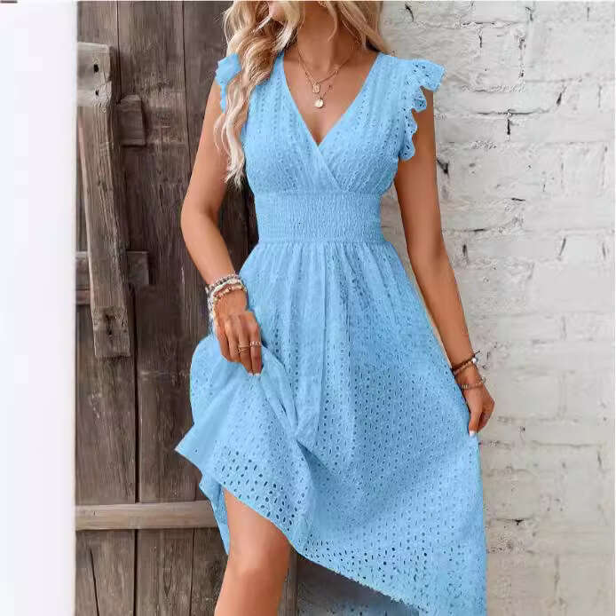 2025 European and American Hot-Selling Summer New Lotus Leaf Sleeve Elegant V-Neck Slimming Hollow Out Plus Size Dress