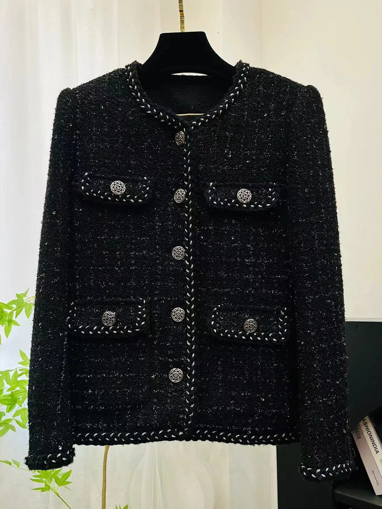 Fashion Black Heavy Industry Sequin Shiny Silk Tweed Temperament Celebrity Little Fragrance Style Starry Sky Jacket 250728