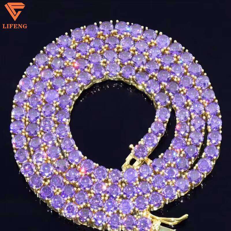 Lifeng Jewelry Custom 8mm Single Row Iced Out Purple VVS Moissanite Gold Plated Sterling Sier Tennis Chain