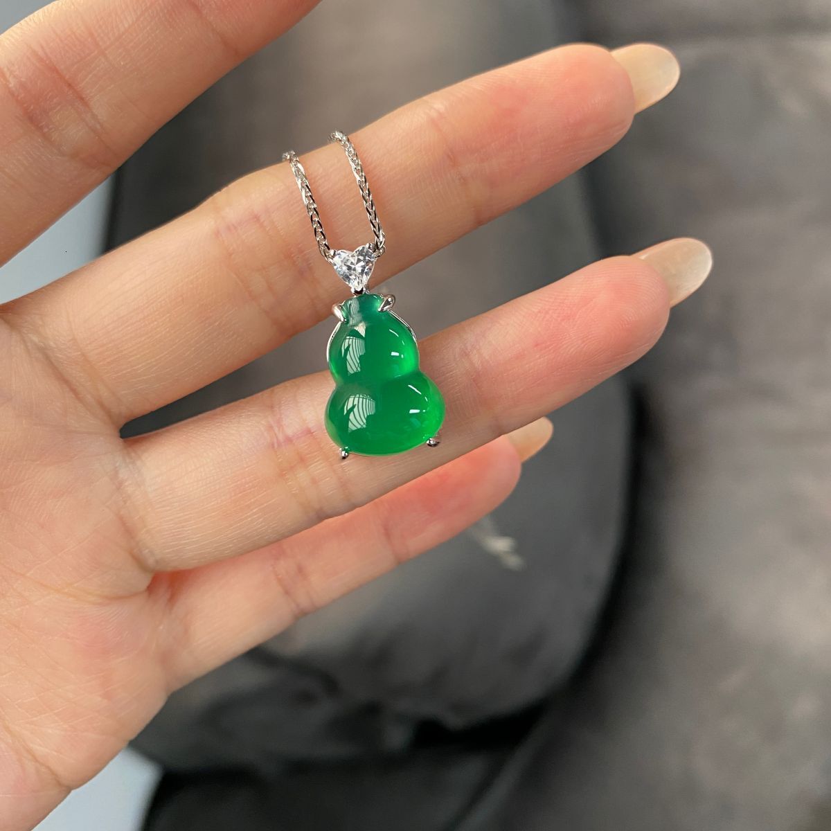 S Pure Sier Necklace Natural Green Chalcedony Agate Gourd Pendant Clavicle Chain New Chinese Style Women's Model Jewelry for Women