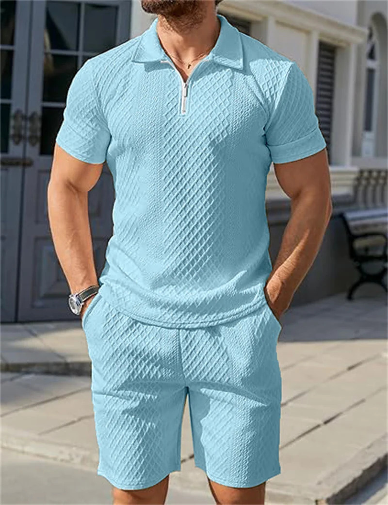 2025 Men Suit Fashion Mens Summer Jacquard Half Zip Short Sleeve Polo ShirtShorts 2 PCS Sets Men Casual Sports Suit 250724