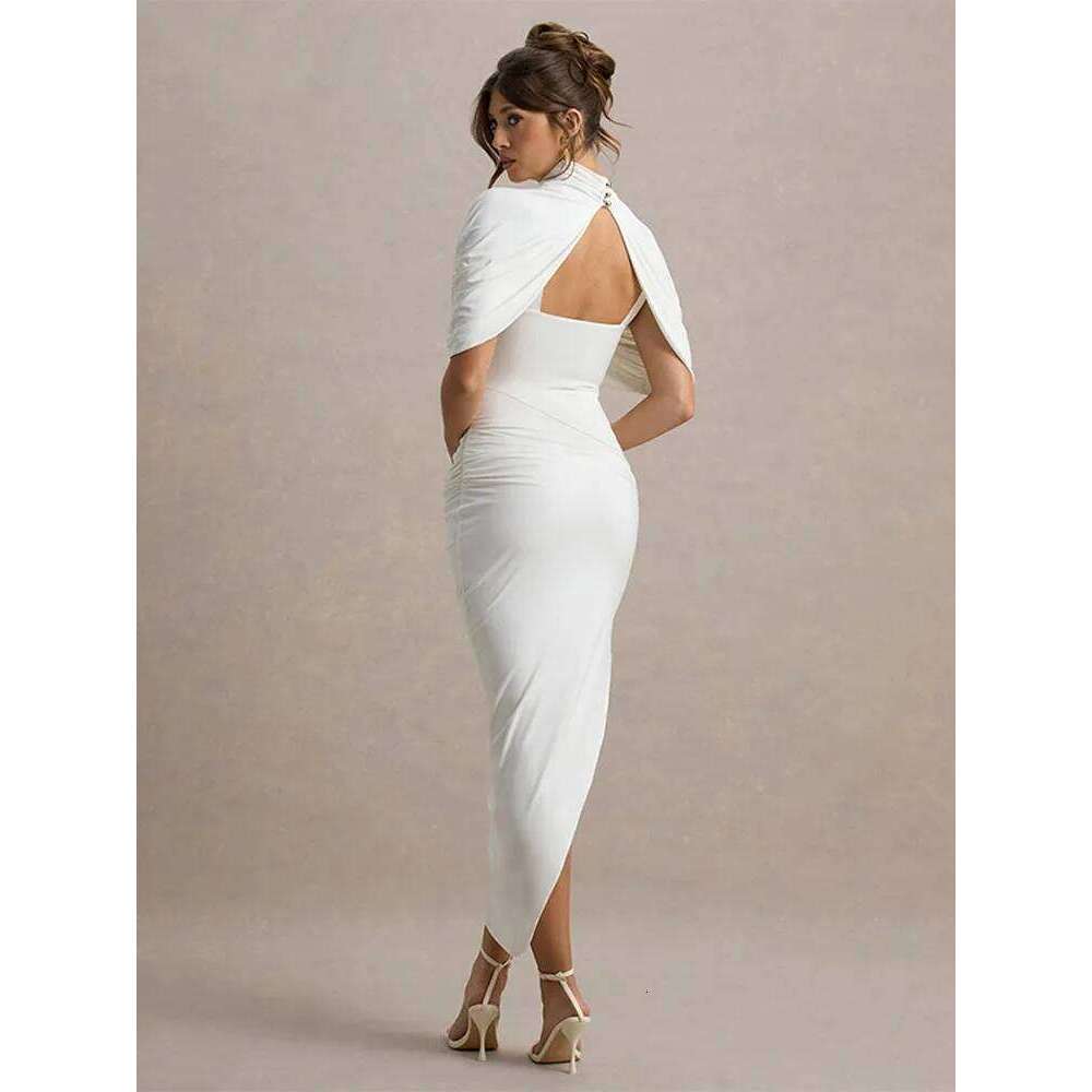 Designer Clothing 2025 Women Solid High Neck Pleated Maxi Slim Fit Waist Cinching Backless Long Dress Lady Summer Elegant Party Vestidos 2025