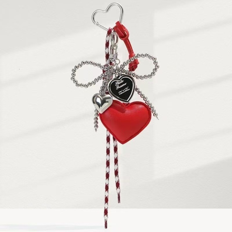Cute Girly Heart Silver Bead Bowknot Miu Style Bag Pendant Leather Heart Super Beautiful Keychain Ornament 250726