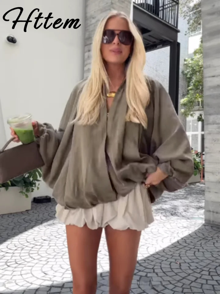 Casual Green Jacket Women Loose Pleat Lapel Zipper Batwing Long Sleeve Bomber Coat Female 2025 Fashion Lady High Street Outwears 250717