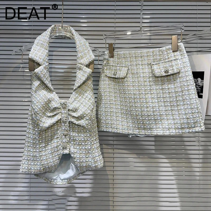 Summer Fashion Twopiece Set for Women Diamond Buckle Hanging Neck Vest Woven Tweed Short Skirt Female 11A04590 250728