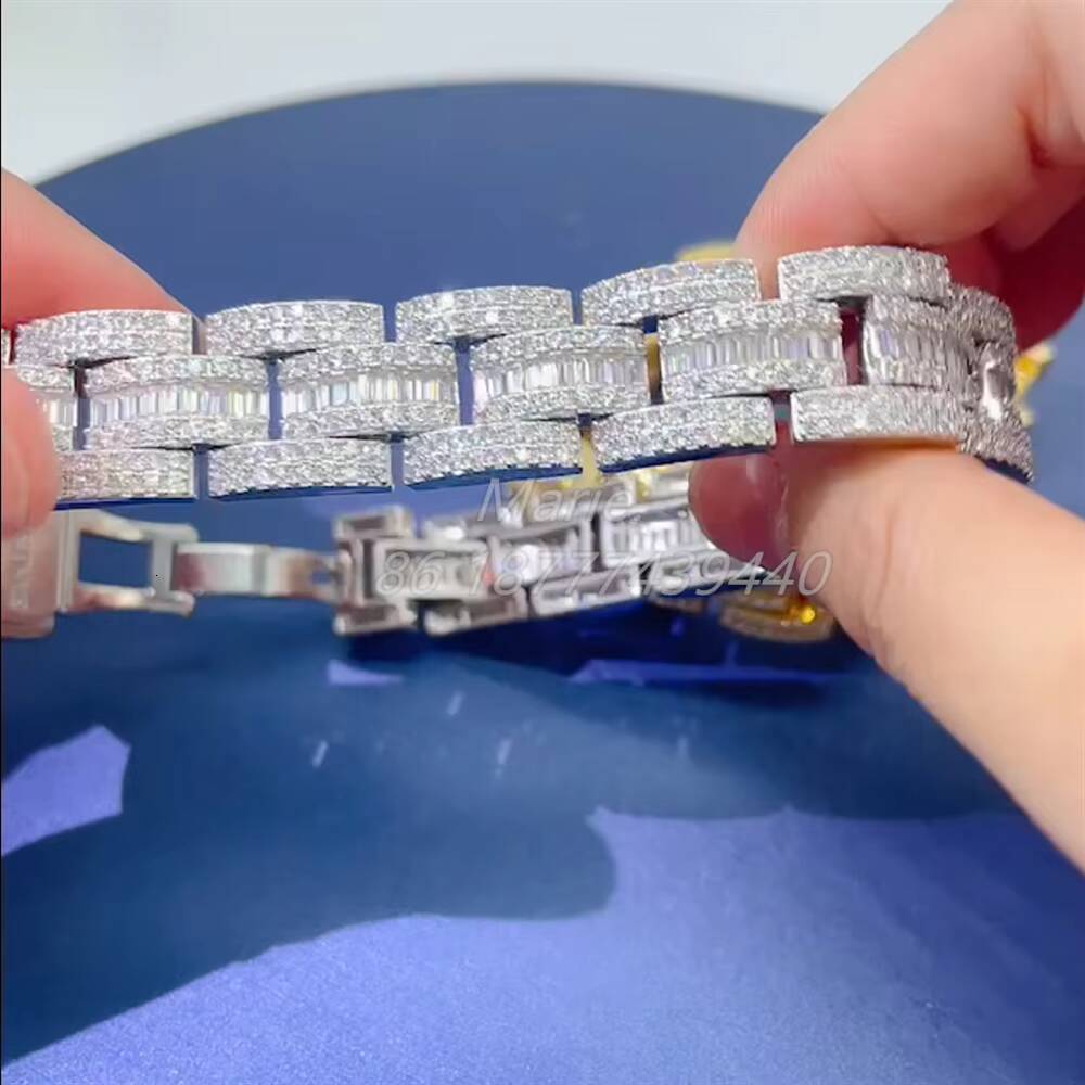 15mm Wide baguette Moissanite Hip Hop Jewelry Fashion Icedout Luxury Bracelet Moissanite Chain Cuban Link Chain