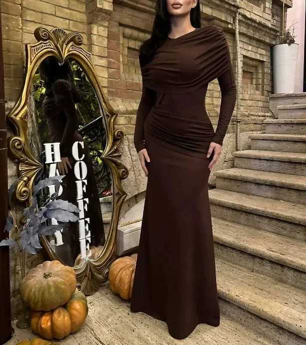 Womens Dresses Spring New Round Neck Long Sleeves Elegant Temperament Ruched Waist Cinching Skinny Evening long Dress Z250728