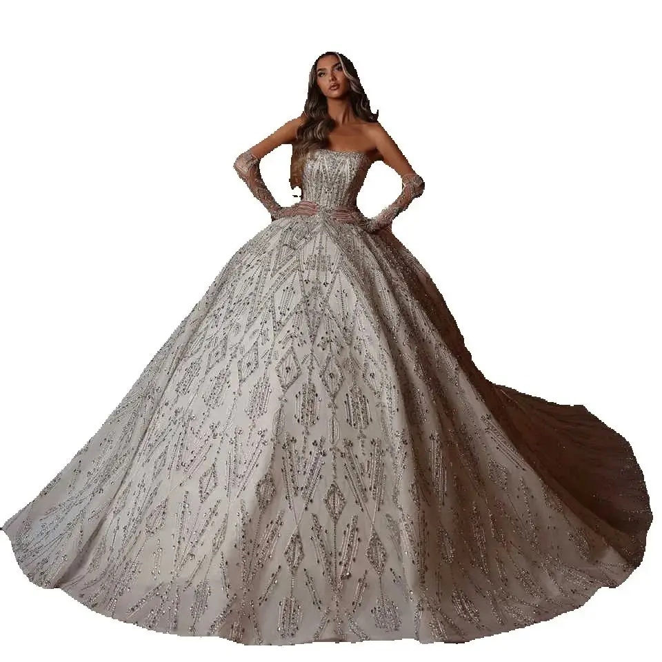 Exquisite Strapless Wedding Dress Ball Gown Elegant Beading Lace Bridal Dress Customized Sleeveless vestidos de novia