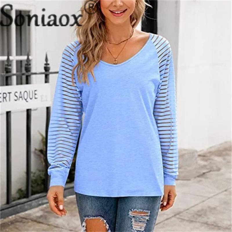 Fashion Seethrough Striped Long Sleeve TShirt Female Autumn Loose V Neck Pullover Top Solid Color Casual Tees 250709