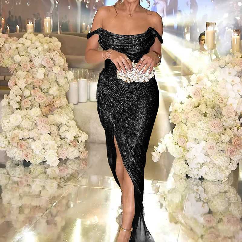 2025 Women Sexy Sliding Shoulder Nightclub Shiny Gowns Pleated High Split Evening Party Dress Elegant Girdling Gala Dresses Z250728