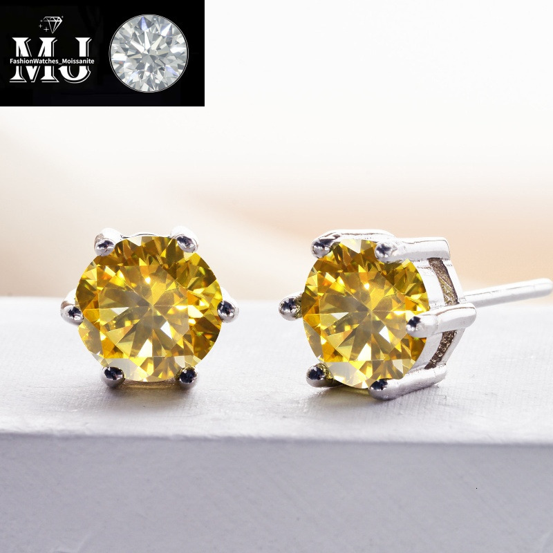 Fashion Sterg Sier Gold Plated Passed Test 1ct Yellow Moissanite Heart Earrings Studs for Men Women