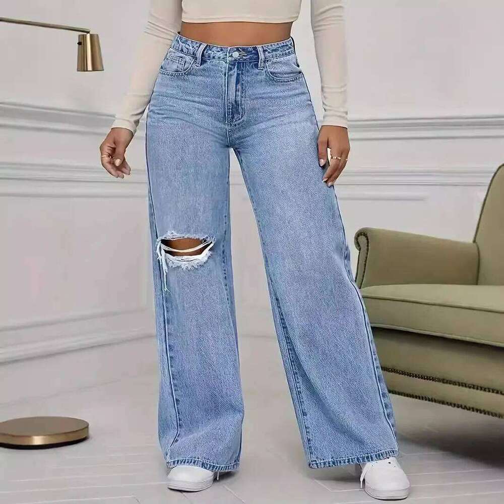 Washed Personality Hole Loose High Waist Denim Wide-leg Pants,Women's Four Seasons New Classic Fashion Casual Floor-length Jeans