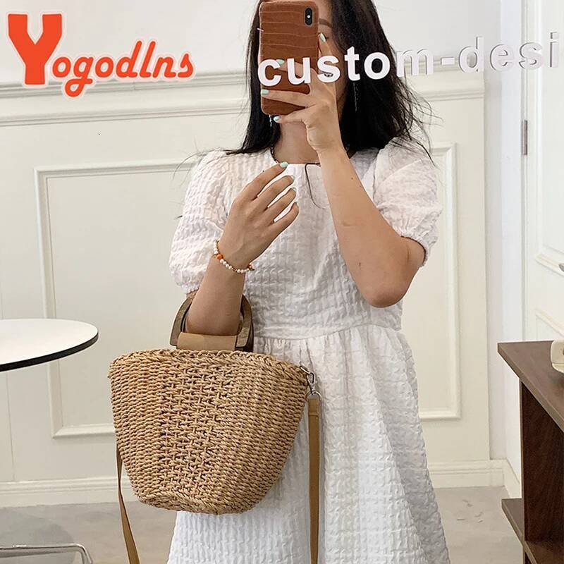 Summer Straw Bucket Female Large Capacity Beach Bags Rattan Handmade Crossbody Vacation Tote Woven Handle Bag