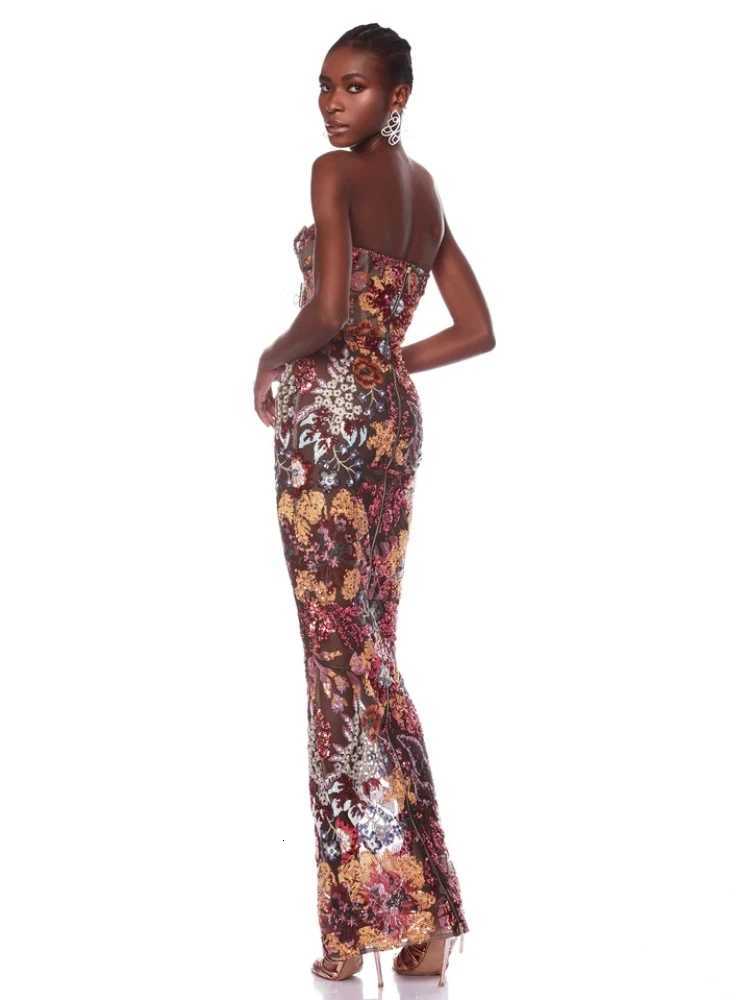 New Sexy Strapless Floral Sequin Long Dress Women Sequins Flower Backless Long Slim Dress Evening Party Runway Gown Dress Z250728