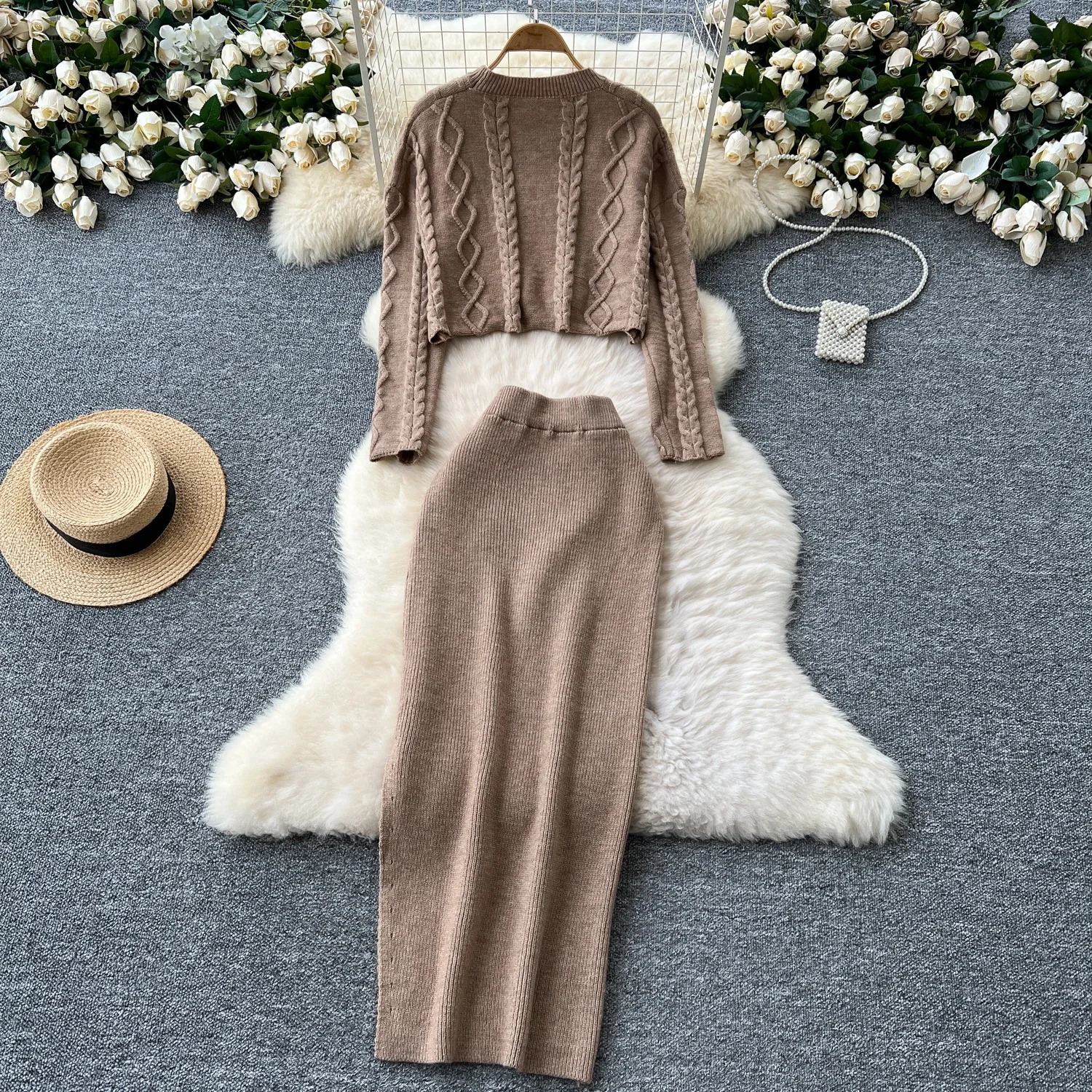 Chic vintage knit dress Elegant Fairy Korean fashion Sundress Beach womens clothing Two Piece Set 250728