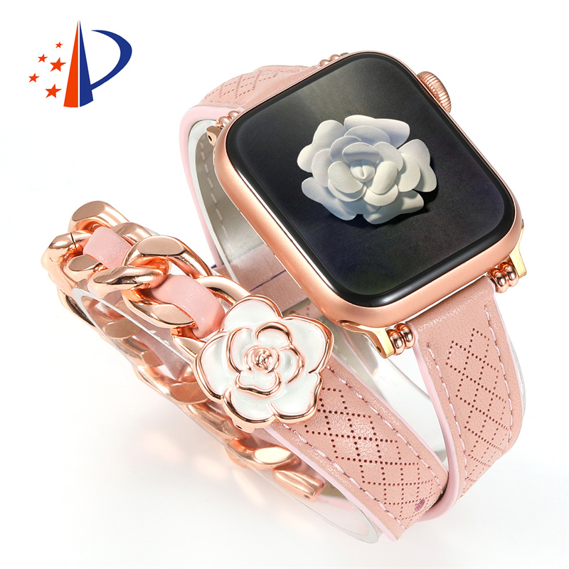 Designer camellia flower genuine leather Apple Watch Band Straps For AppleWatch 49mm 46mm 45mm 44mm 42mm 41mm fashion Watchband iWatch Series 10 9 8 7
