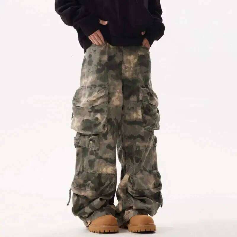 IEFB Camouflage Men's Wide Leg Pants High Street Three-dimensional Multi Pockets Bottom Tie Dye Cargo Trousers Spring 28W5107