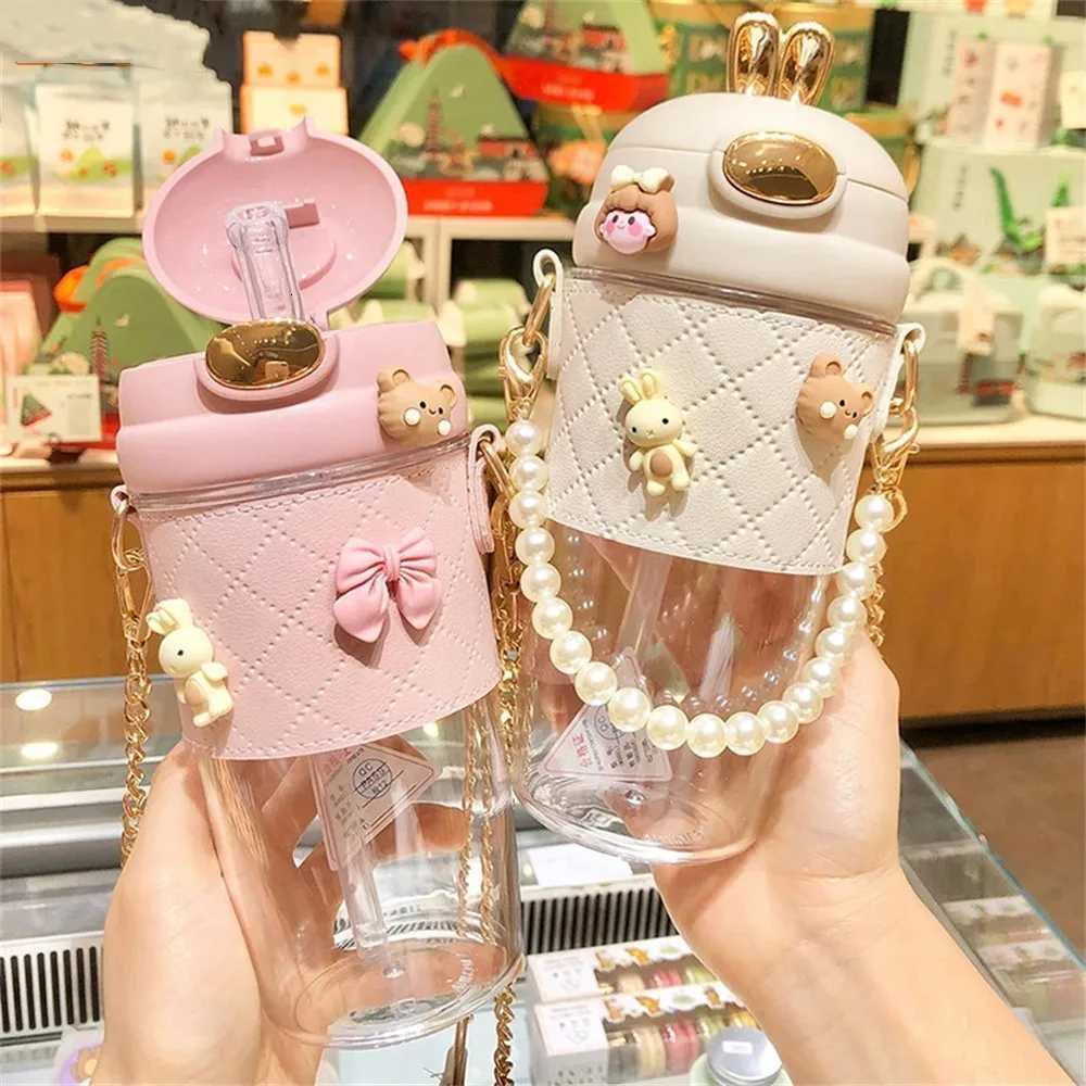 ute Rabbit Ear Plastic Water Bottles With Straw For Girls Kids Portable Strap Student Bottle With Cup Cover Anti-drop BPA Free X2507281
