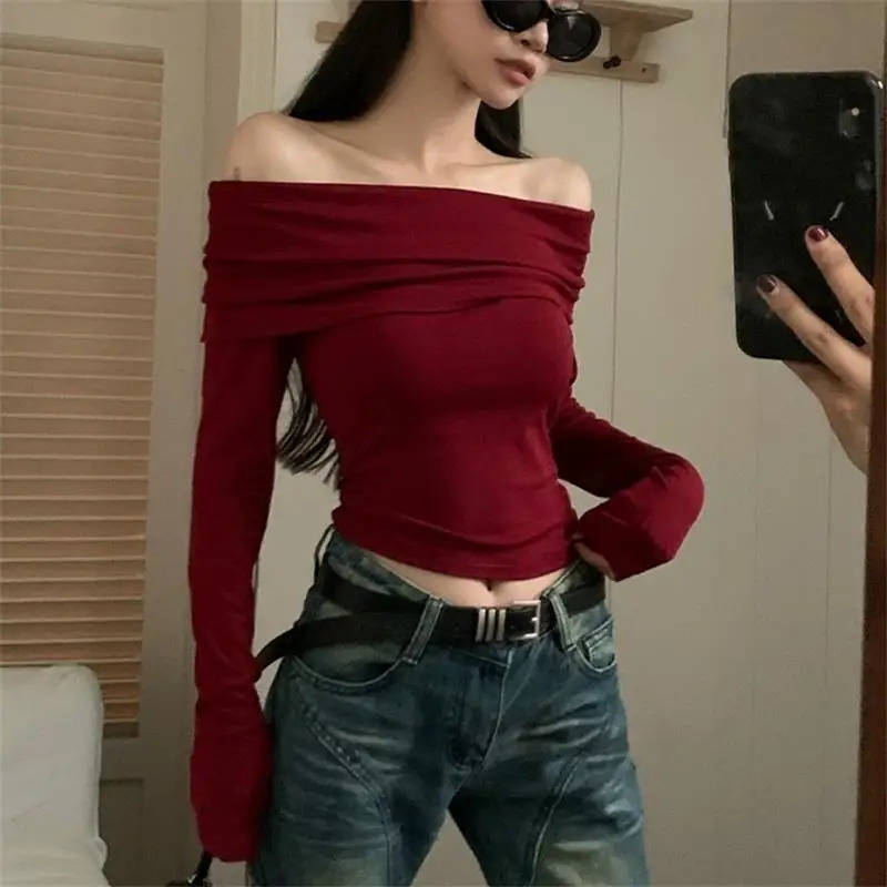 Sexy Tops Off Shoulder Long Sleeve Crop Top Womens AutumnWinter Spicy Girl Slim Fit Short Red Tshirt 250728