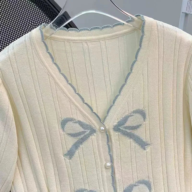 Summer Short Sleeve Thin Sweater For Women Korean Fashion Tops Y2K Clothes Woman V Neck Knitted Cardigan Sweaters Female 250728