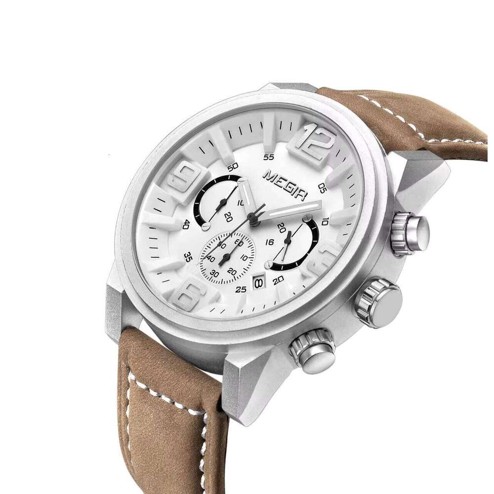 DHwatches MEGIR 3010G Men's Chronograph Watch - 48.5mm Leather Strap, Waterproof, Date, Sport Quartz Watch with Luminous Hands