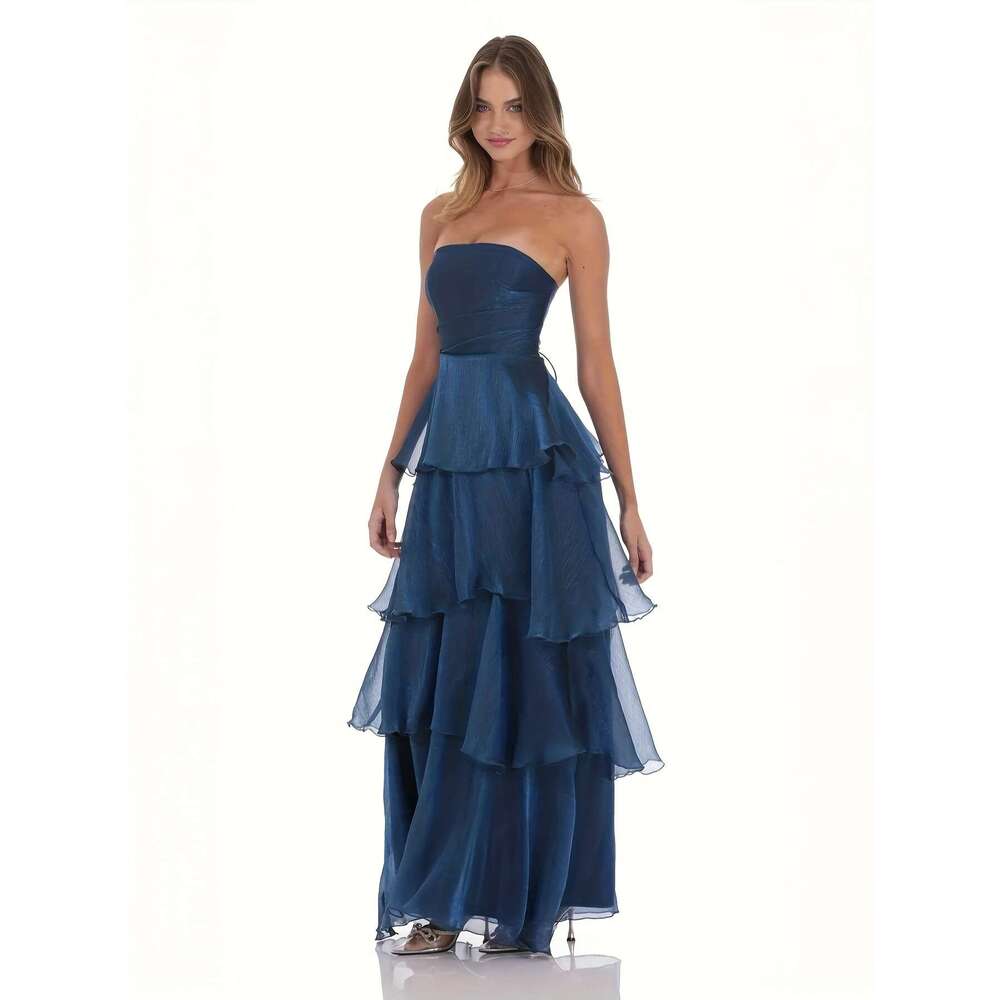 Navy Blue Layered Ruffle Hem A-Line Bridal Gown for Galas & Evening Events