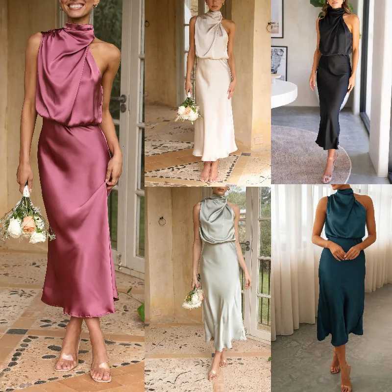 Solid Color Satin Slim Long Dresses Women Sleeveless Halter Neck A-line Party Dress Elegant Temperament Ladies Evening Dresses Z250728