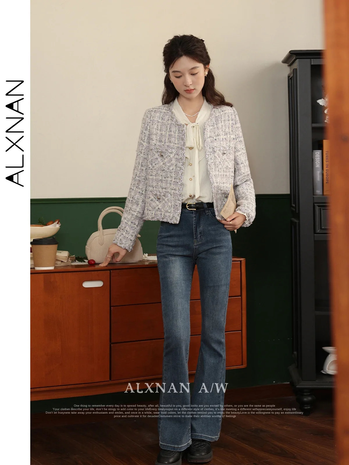 ALXNAN Womens Oneck Cropped Tweed Jacket Autumn Winter Straight Single Breasted Long Sleeve Coat Sold Separately LXN31307 250728