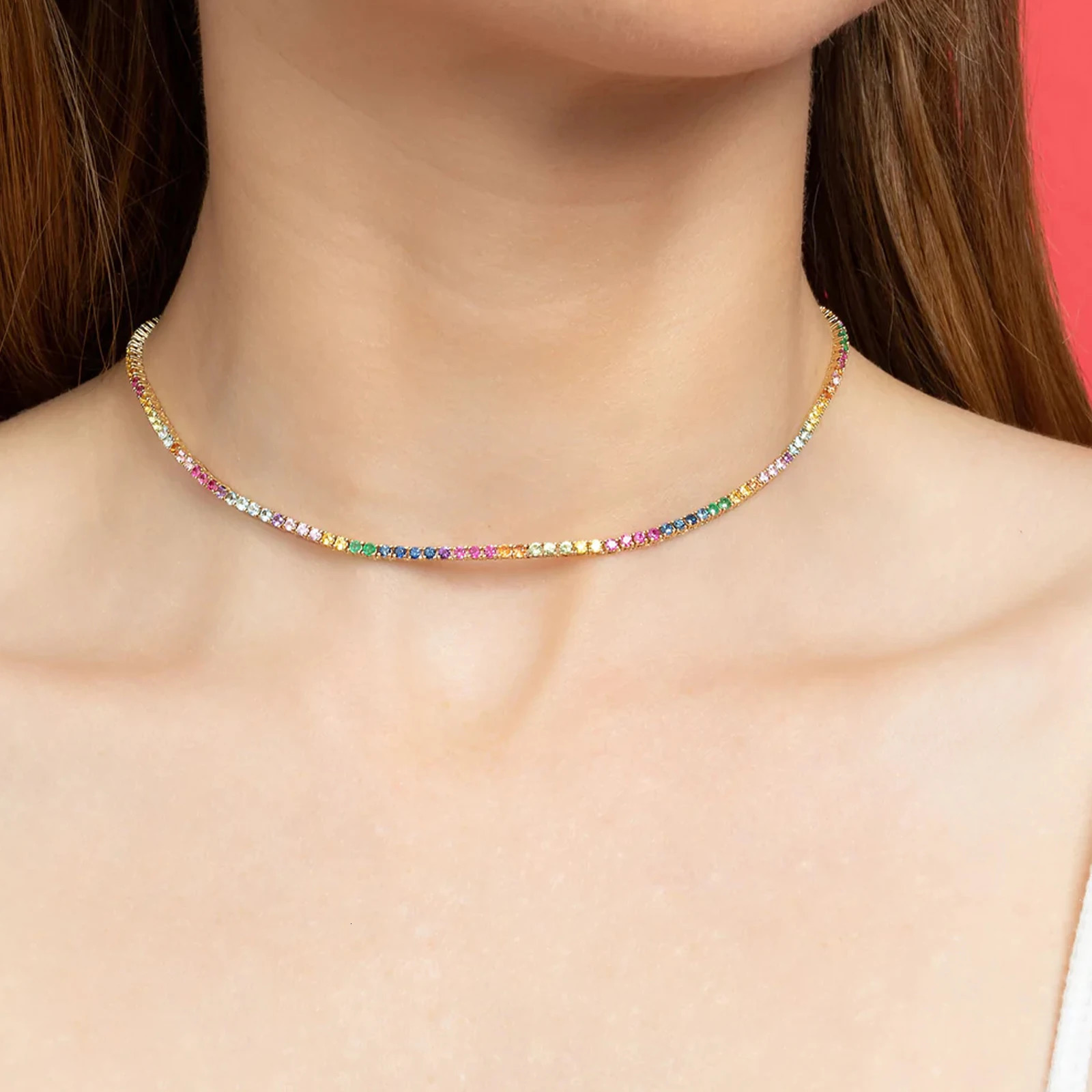 ANDYWEN 925 Sterling Silver Gold Rainbow Zircon CZ 2mm Tennis Chain Choker Necklace Women Party Colorful Birthday Gift 250722