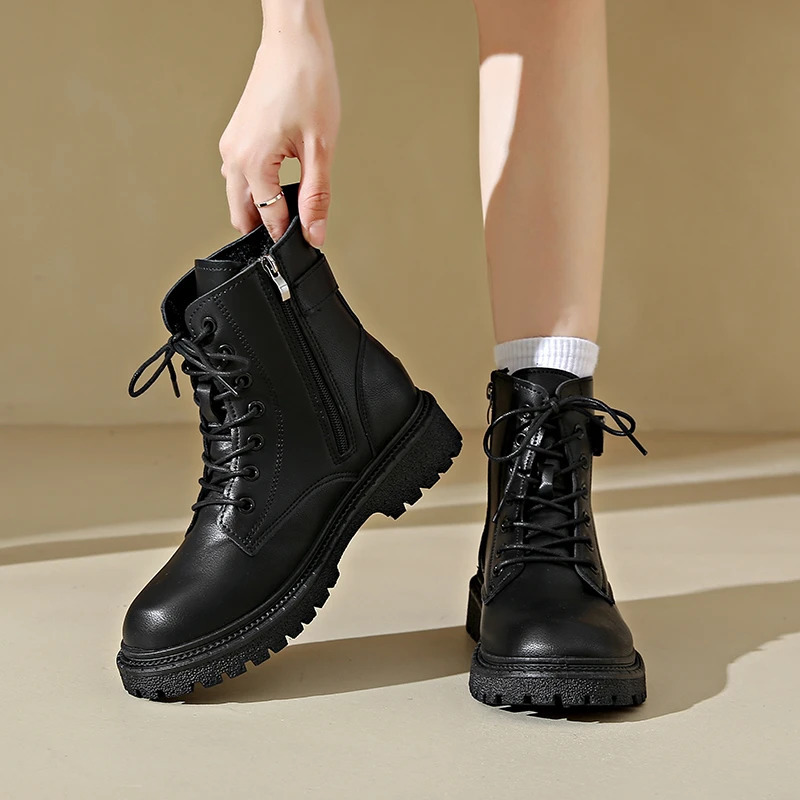 Minimalist Lace-up Combat Women Boots 4.5cm Chunky Heel Platform Women Boots British Style Thick Sole Increase Height Casual Boo 250725