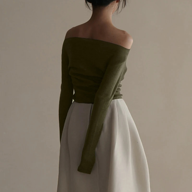 Autumn Winter Womens Tshirt Top Long Sleeve Solid Color Elegant Sexy Off Shoulder Slim Basic Style Versatile Interior Style 250728