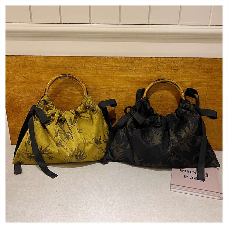 Golden printed dumpling bag, ancient style cheongsam banquet handbag, bamboo handle printed shoulder bag