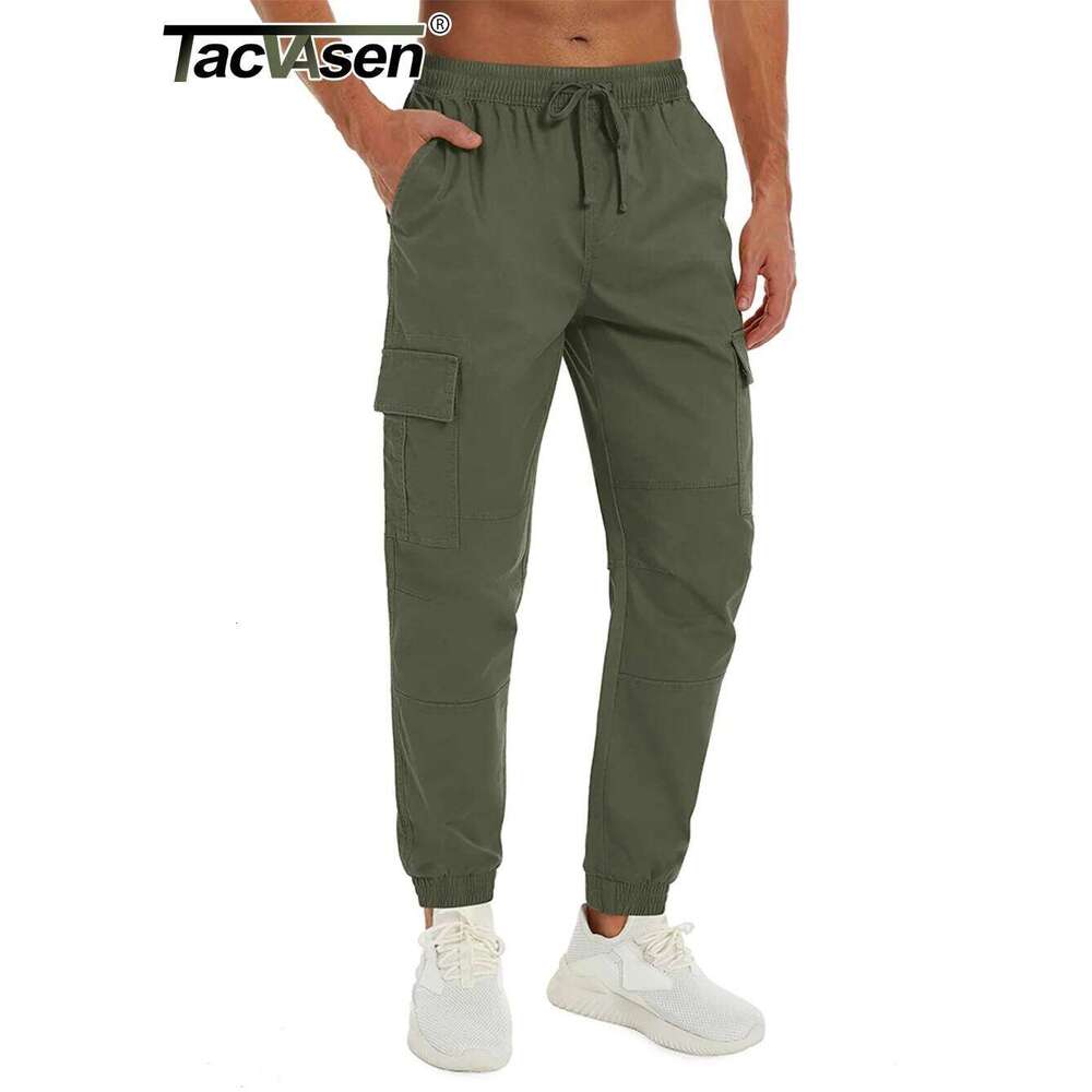 TACVASEN Cotton Cargo Mens Casual Multi-Pockets Working Pants Elastic Waist Drawstring Trekking Hiking Pant Work Trousers