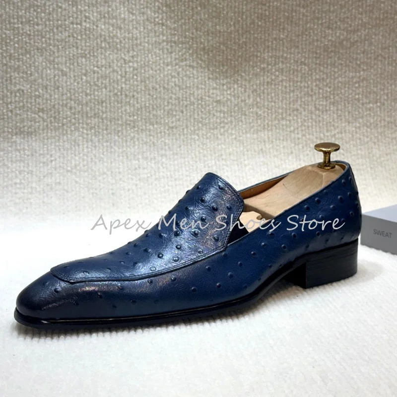 2025 Mens Elegant Ostrich Texture Leather Slip On Loafers Navy Blue Comfortable Low Heel Dress Shoes Business Formal Shoes 250723